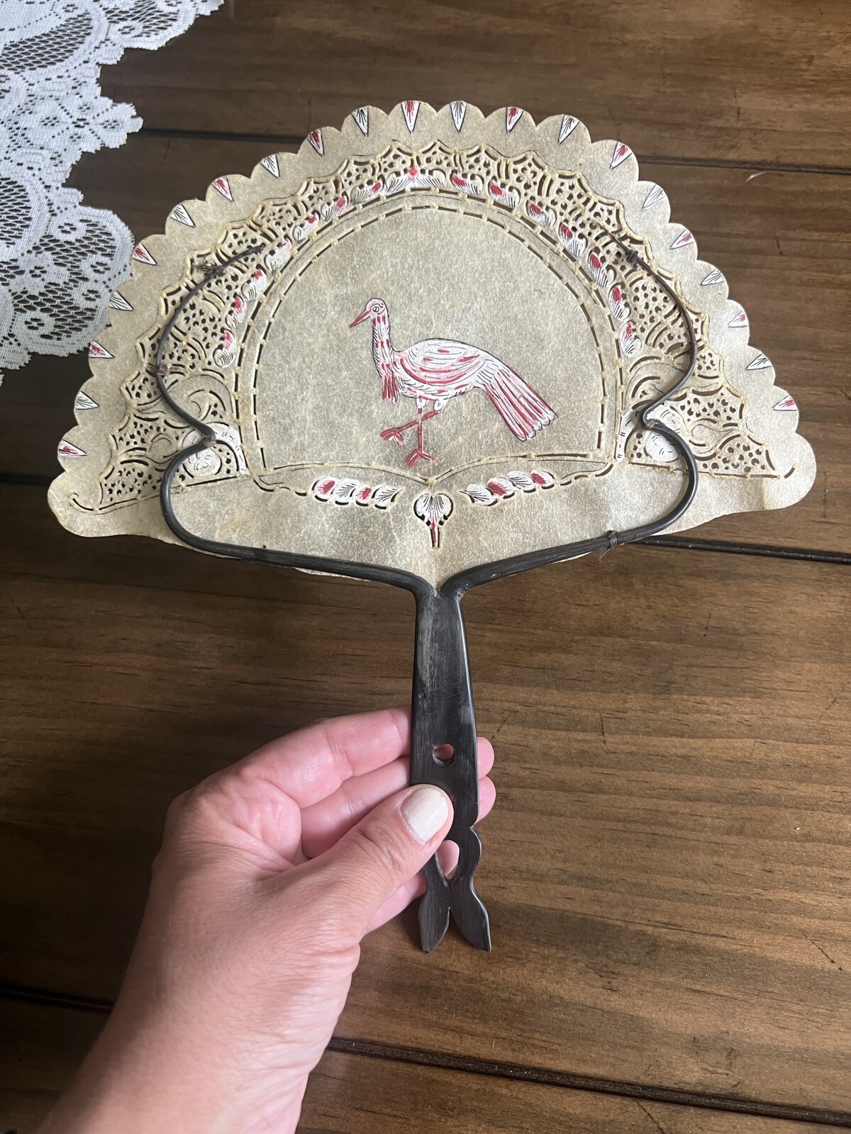Antique Hand Held Fan Gilt Pierced Animal Hide wi… - image 2