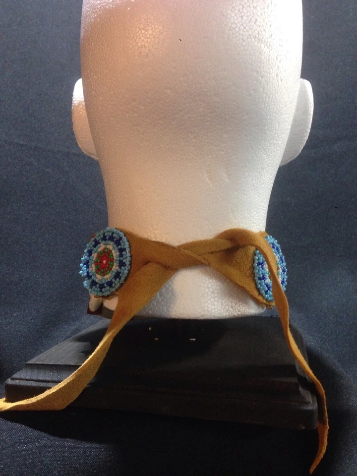 Native American Hand Made New Choker. Leather Real Bone W/ Rosette - Image 3 of 4