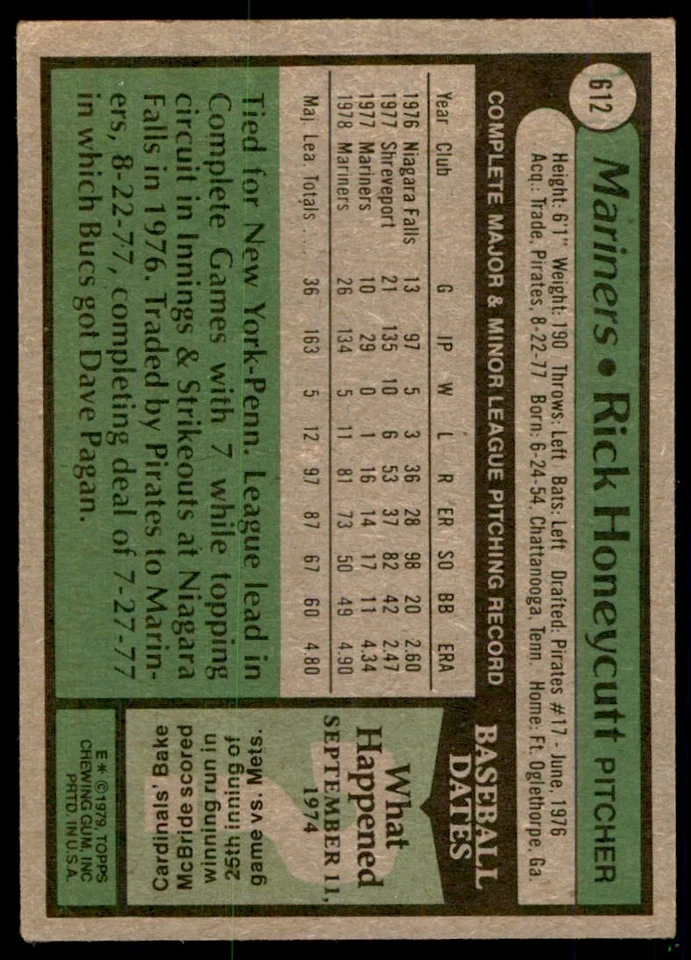 1979 Topps Baseball Card Rick Honeycutt Rookie C Seattle Mariners #612 - Image 2 of 2