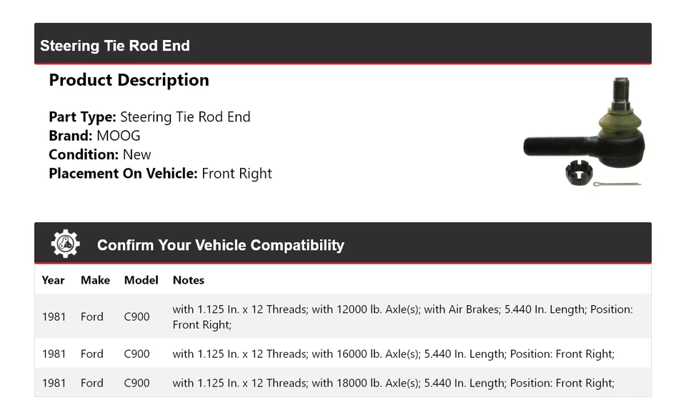 Barra de dirección delantera derecha MOOG para Ford C900 1981 Foto 2 de 4