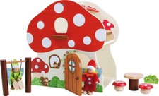 Pilz-Haus - 8569 Buntes Puppenhaus mit Waldwichteln Fliegenpilz Holz Hütte Bett