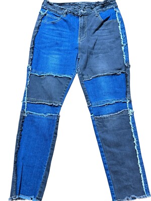 Women's Ragged Blue Paneled Patchwork Colorblock Jeans XXL Tight
