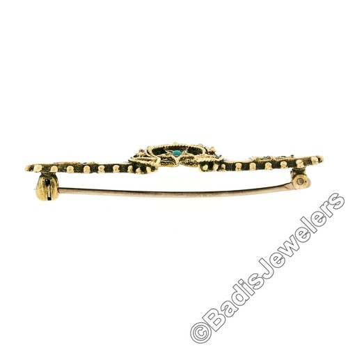 Vintage Victorian Revival 14K Gold Turquoise Crescent & Star Bar Pin Brooch - Picture 3 of 5
