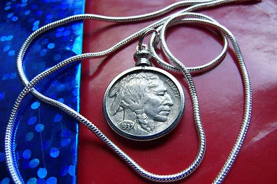 1937 INDIAN HEAD BUFFALO Nickel Pendant on 24" 925 Sterling Silver Snake Chain