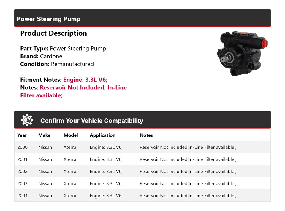 Bomba de dirección asistida Cardone 2001 2002 2003 para Nissan Xterra 2000-2004 3,3 L V6 Foto 2 de 4