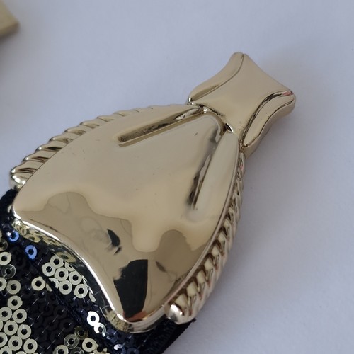 VINTAGE WAIST BELT SEQUIN BOW SIZE S / M 70 - 80 CM ELASTIC BLACK GOLD - Picture 12 of 12