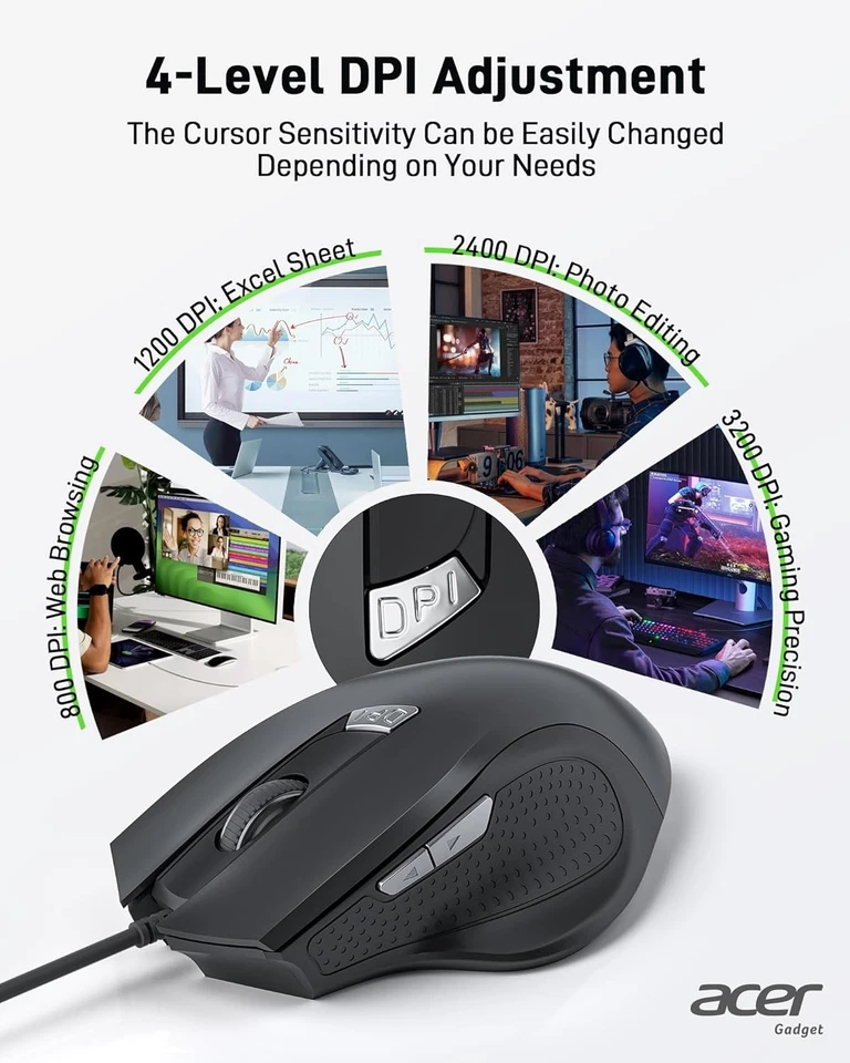 acer Wired Mouse, Ergonomic Computer Mouse with 6 Buttons, 4 Adjustable black - Image 2 of 4