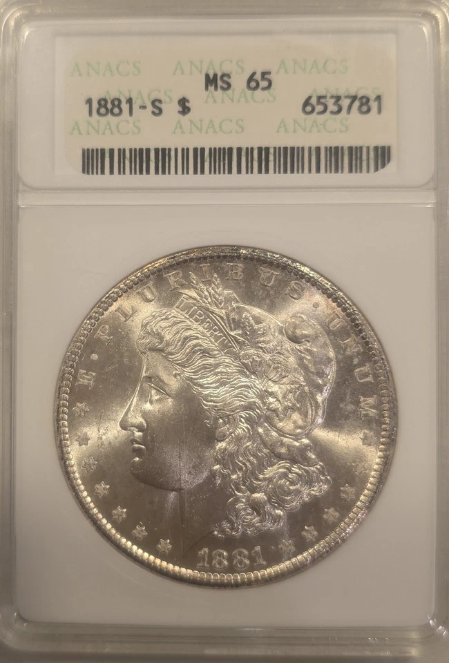 Dólar de plata Morgan 1881-S ANACS MS65 • Brillante gema brillante • Golpe fuerte Foto 3 de 3