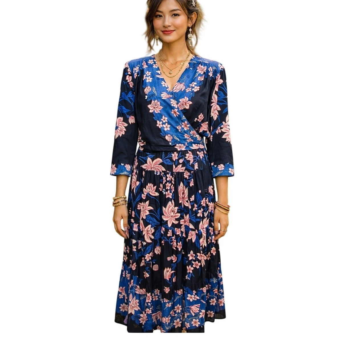 chinese dress ladies 1990's Carole Little Jersey blue floral maxi dress  Vida Antigua Collective