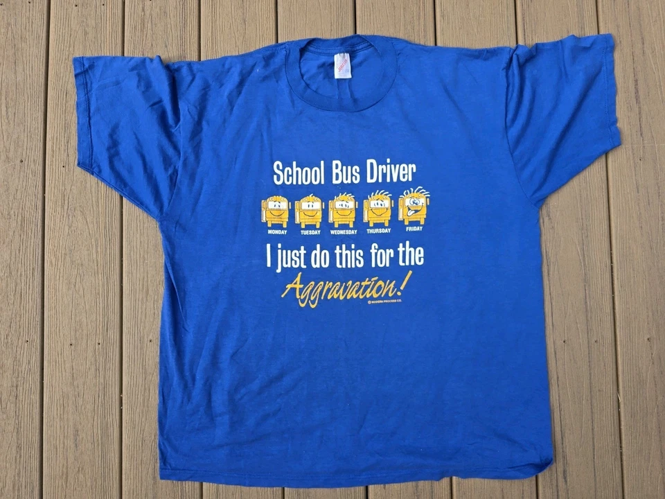 Vintage Single Stitch Jerzees TShirt Blue Made USA 2XL Funny School Bus Driver - Image 2 of 4