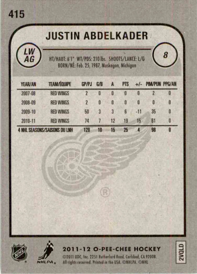 2011-12 O-Pee-Chee Justin Abdelkader #415 - Image 2 of 2