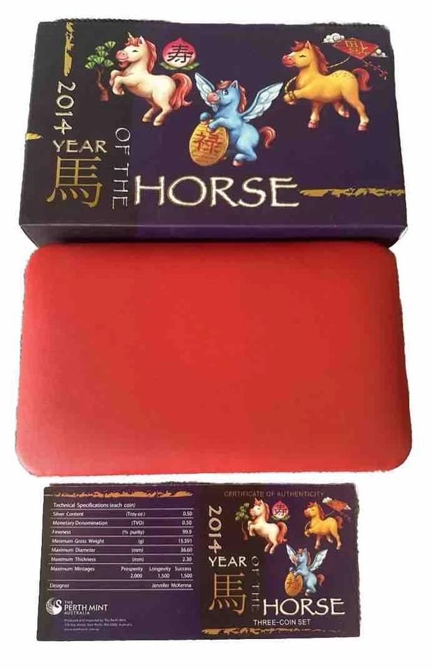 🇺🇸2014 TUVALU 50C YEAR OF THE HORSE COLOR 3 X ½OZ SILVER PROOF COIN SET Perth - Image 3 of 4