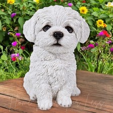 Realistic Sitting White Maltese Puppy Dog Garden Statue Sculpture Home Art Decor