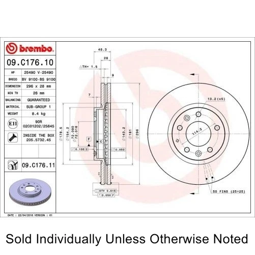 Rotor de freno de disco delantero Brembo 09.C176.11 para Mazda CX-7 2007-2012 Foto 2 de 3