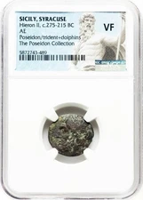 Sicily Syracuse 275-215 BC, Hieron II AE Poseidon Dolphin Trident Coin, NGC VF