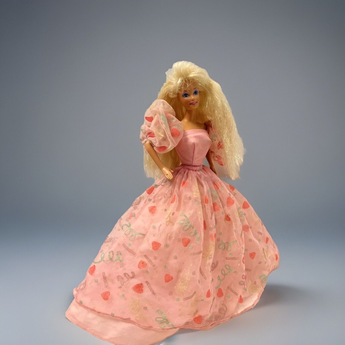 1990 Happy Birthday Barbie Doll Pink Glitter Dress #7913 Vintage