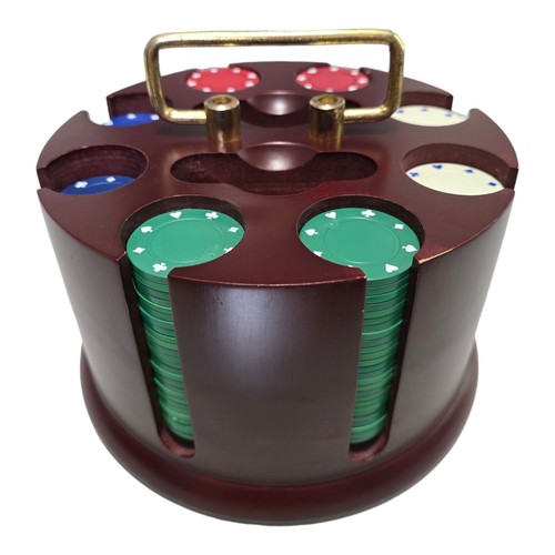 Poker Chip Rack Rotating Spinner w/200+ Chips - Brown Wood Gold Handle CASINO