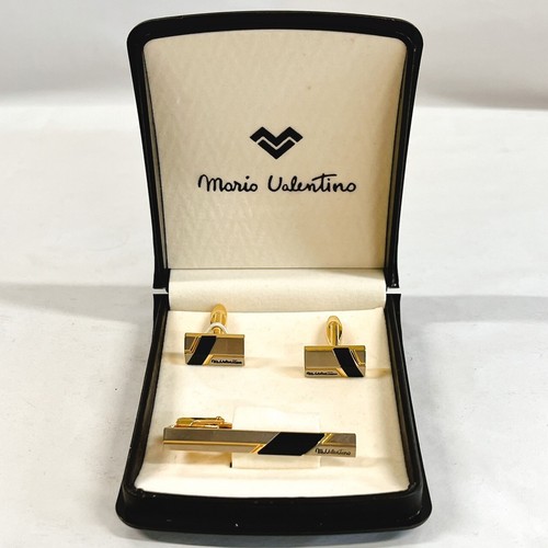 Mario Valentino Cufflinks & Tie Bar Set Black White Gold Tone with Original Box - Picture 2 of 8