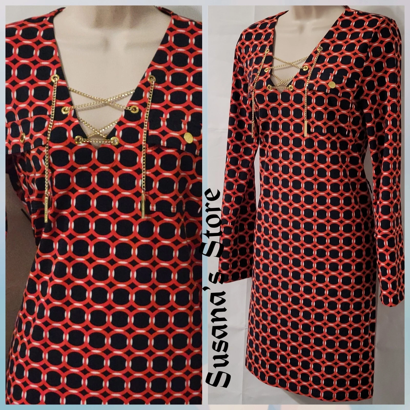 ABITO MICHAEL KORS TAGLIA S LS STAMPATO GEOMETRICO CATENA STRINGATO Splendido!!