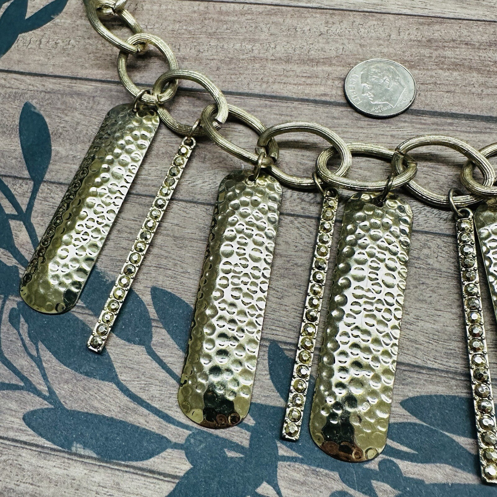 Gold Hammered Rectangle Dangle Large Link Necklac… - image 2