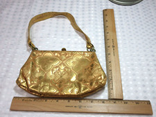 VTG Gold Embossed Leather Evening Bag Italianate Design Satin Lining