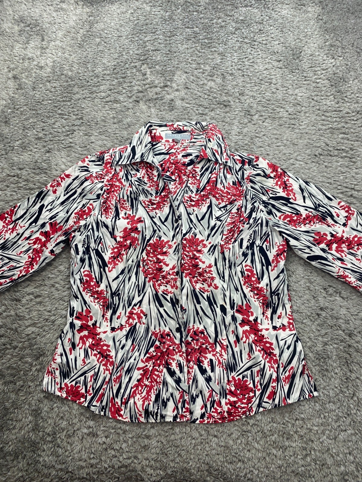 Foxcroft Top Womens 10 Gray Floral Geometric Wrinkle Free Fitted Blouse Shirt