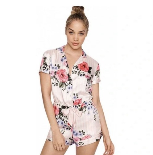 Victoria's Secret Floral Satin Button Front Pink Romper S Size - 第 1/3 張圖片