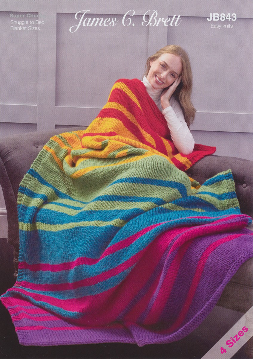 Chunky Knit Rainbow Blanket JB843 Easy Knit Knitting Pattern Small