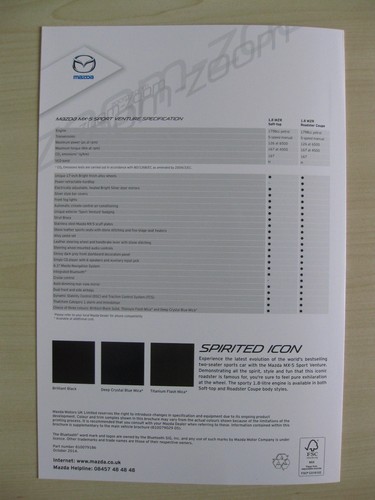 Mazda MX-5 (MX5) 'Sport Venture' Limited Edition Sales Brochures (2014) - Picture 3 of 3