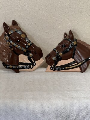 Horse Heads Anchor Mold Co. Pair Chalk Plaster Hand Painted Set Two