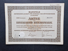 Aktie Mansfeld AG für Bergbau u. Hüttenbetrieb 1000 RM 1933 Eisleben #04333