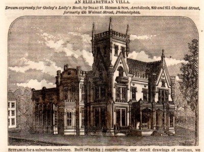 1870's ad Antique Elizabethan Villa Brick House plan Issac H Hobbs Architect