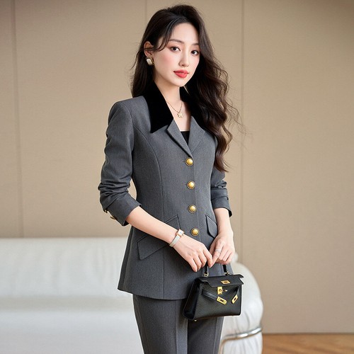 Grey Suit Jacket Women's Autumn Business Formal Casual Pants Fashion Suit Sets