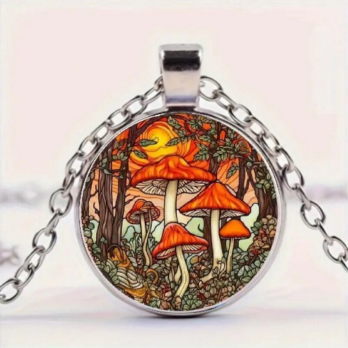 Cute Colorful Mushrooms Pattern Round Pendant Necklace, Boho Style - Picture 1 of 5