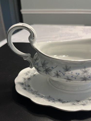 Johann Haviland Blue Flowers Gray Leaf Pattern Gravy Boat w Attached Under Plate - Picture 5 of 15