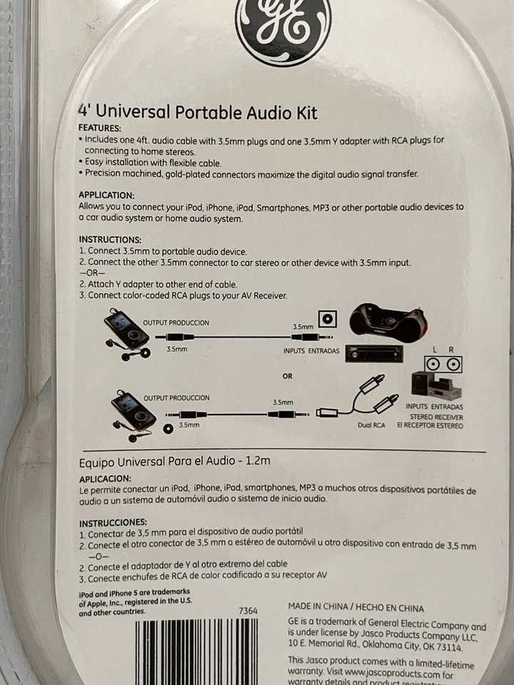 GE Audio Universal Kit 4 ft Cord Black 3.5mm To RCA 6.3mm & Y Split iPhone 87681 - Image 4 of 4