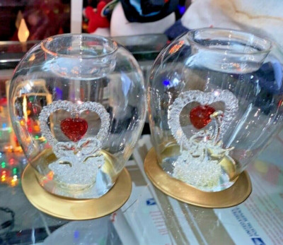 DOME GLASS W/CUT GLASS HEART DOVES  TEALIGHT CANDLE HOLDER  2 pc p/lc