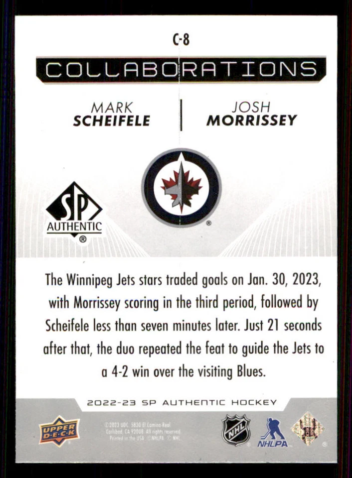 2022-23 SP Authentic Collaborations #C8 Mark Scheifele/Josh Morrissey - Image 2 of 2