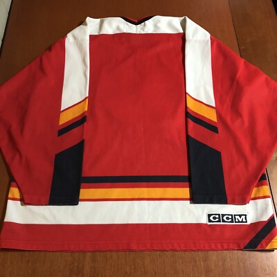 Maillot De Hockey Vintage CALGARY FLAMES - Années 80 - Fabriqué Au Canada Par CCM - Taille Extra Large (XL) - Dédicacé (signed)