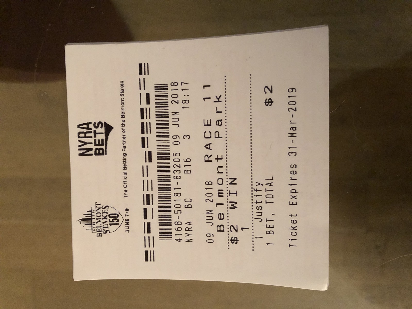 $2 WIN Ticket - JUSTIFY - purchased at BELMONT STAKES day of race!! TRIPLE CROWN