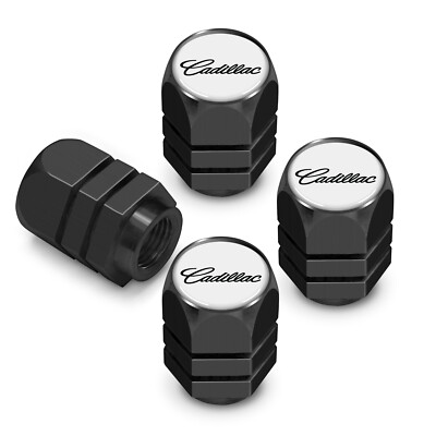 Cadillac Script Nameplate in White on Black Hexagon Aluminum Tire Valve Caps