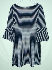 Ann Taylor Shift Dress Size 10 Black White Stripes Bell Sleeves Knee Length