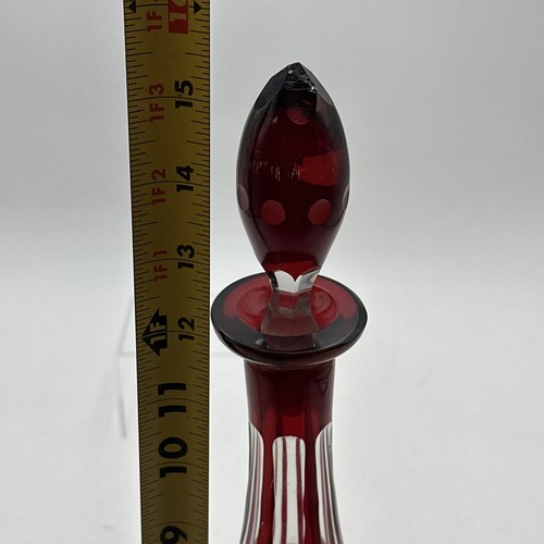 Antique Bohemian Ruby Red Glass Cut to Clear Decanter Crystal W/ Chipped Stopper - Picture 21 of 21