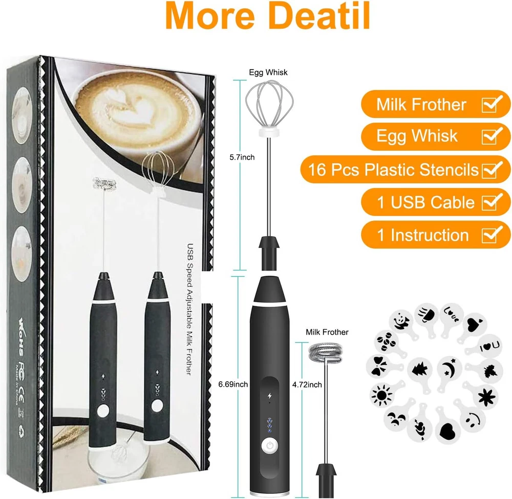 Milk Frother Handheld,  Rechargeable Whisk Drink Mixer for Coffee with Art Stenc