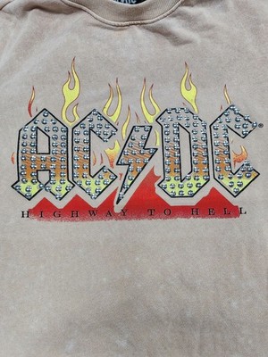 AC/DC Highway to Hell Sweatshirt Mens Large L Tan Graphic Crewneck Rock Band