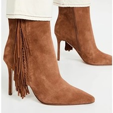 Veronica Beard Nyomi Fringed Suede Heeled Booties 6 tan