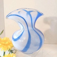 VTG Handblown Murano Style Art Glass Vase Blue  White Swirl Ruffled Edge 7" T