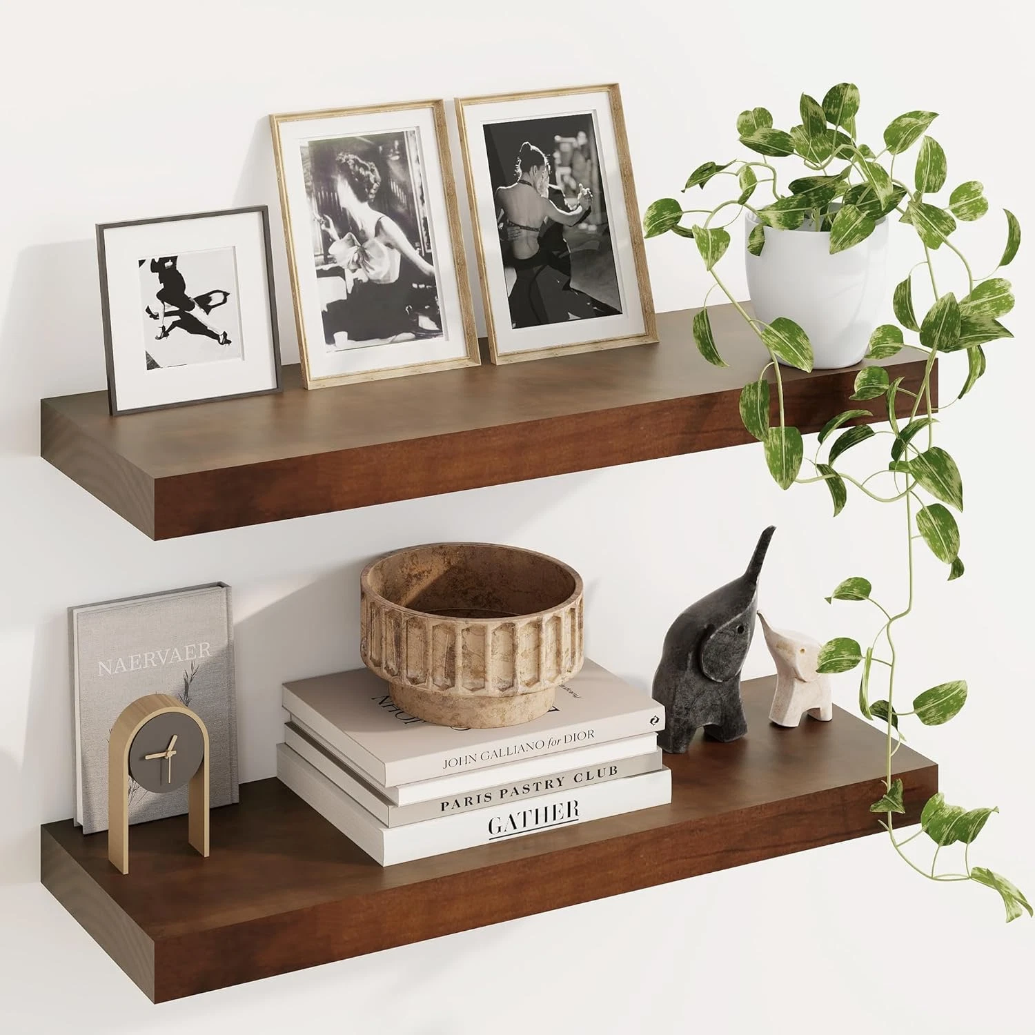 Rustic Pine Wood Floating Shelves Set of 2 for Home Decor & Storage, Walnut