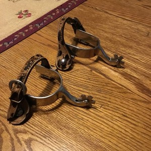 Western Spurs made by LES VOGT ￼engraved,Signed with leather ￼￼￼￼ Leopard Straps