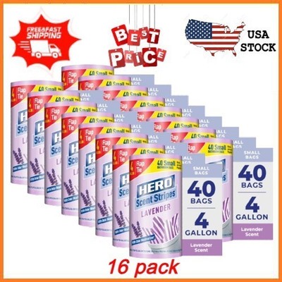 16 pack Hero Scent Stripes 4-Gallon, Lavender Scented, Small Flap Tie Trash Bag